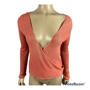Lafayette 148 Orange Linen Wrap V Neck Top Size S